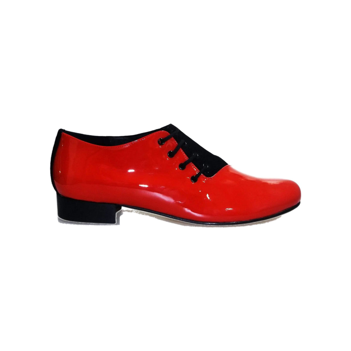 Scarpa da uomo Franco MS19 in vernice rossa e camoscio nero, con toma tonda e chiusura stringata, vista laterale