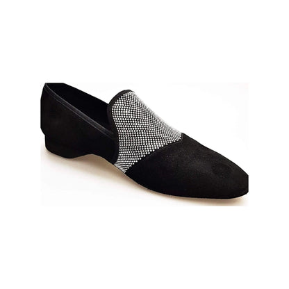 Mocassino uomo in camoscio nero con miniborchie argento, scarpa elegante con punta lunga, brand Wish Dance Shop