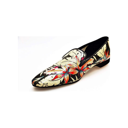 Mocassino da uomo Pasiòn MS20 in metallo tridimensionale Fleur Oro, profilato nero, forma lunga, scarpe Wish Dance Shop