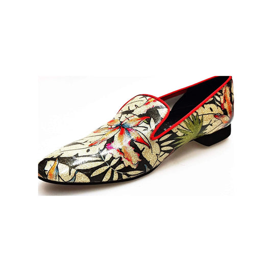 Scarpa da uomo Pasiòn MS20 in metalak tridimensionale Fleur Oro con profilo rosso e forma lunga, stile elegante e moderno