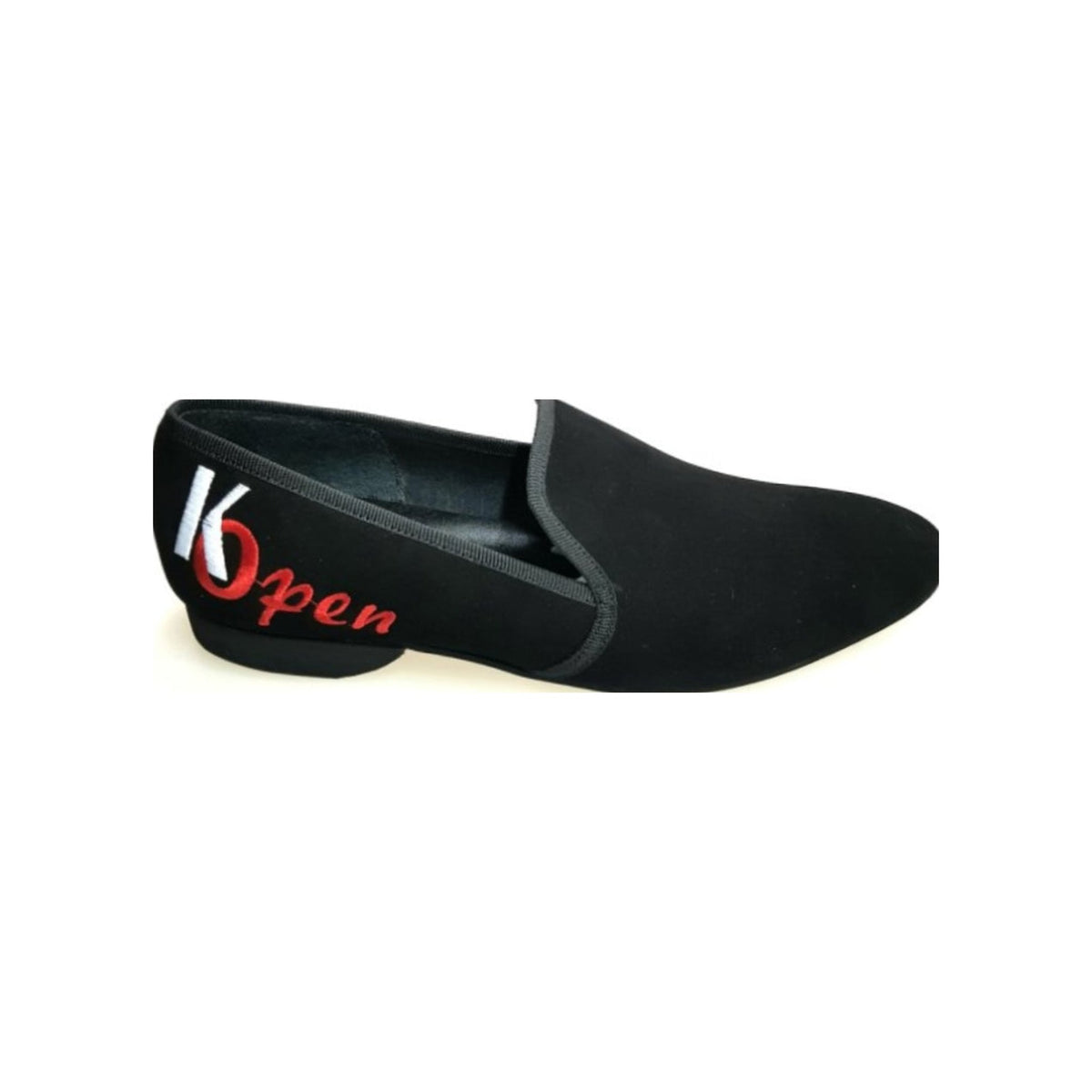 Mocassino Madrid (MS21) K.Open in camoscio nero con bordi rossi e ricamo, scarpa da ballo Kizomba open rosso, forma lunga