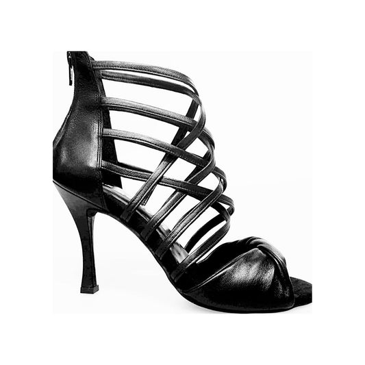 Sandalo donna Natalia (360) in pelle nera con tacco squadrato rivestito, design elegante e sottile, marca Wish Dance Shop