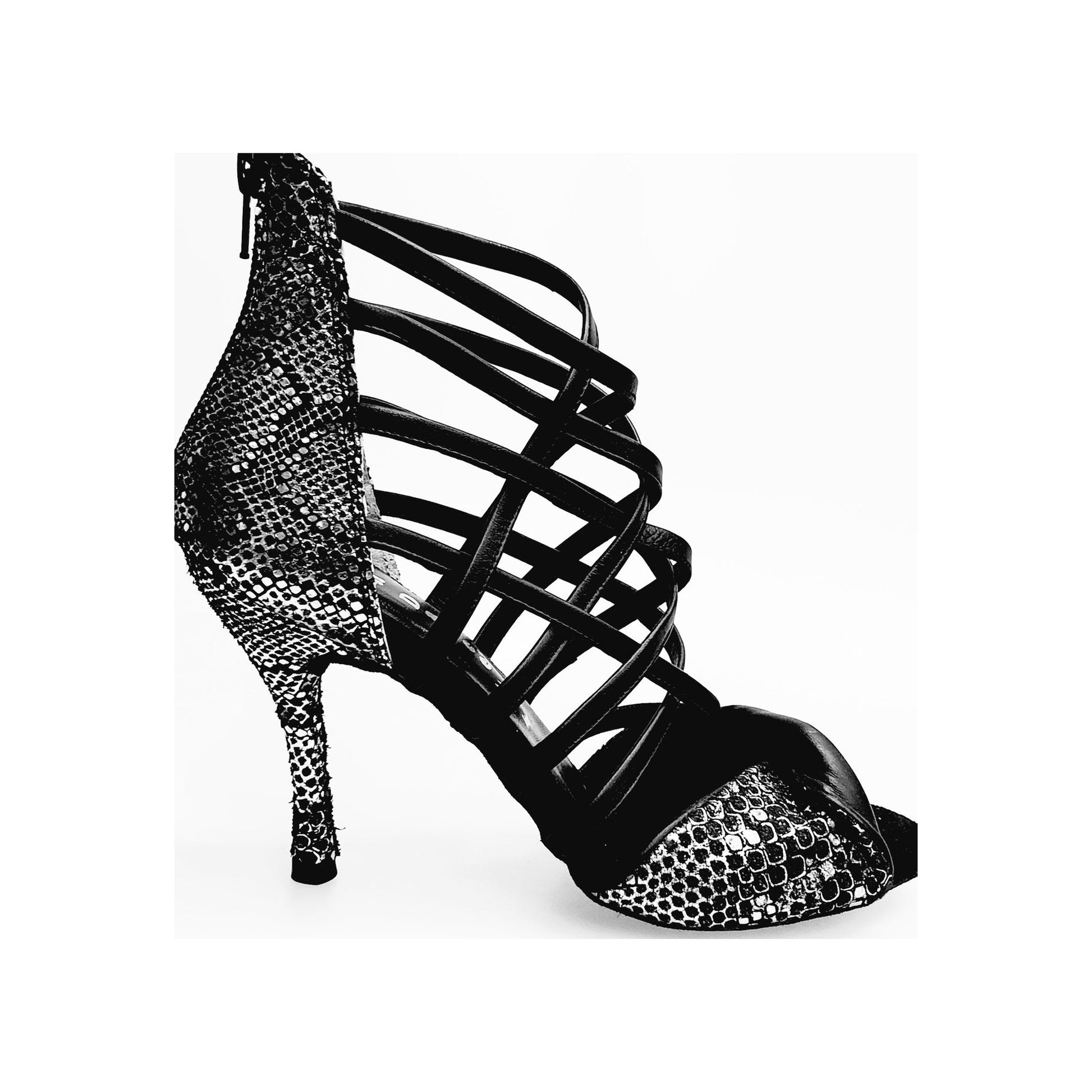 Sandalo donna Natalia (360) Wish Dance Shop in pitone argento con fascette in pelle nera, dettaglio di design elegante.