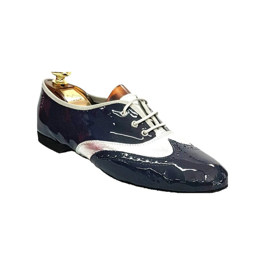 Scarpa jazz Eddy NY08 di Wish Dance Shop in vernice blu notte e pelle silver, con suola e dettagli eleganti.