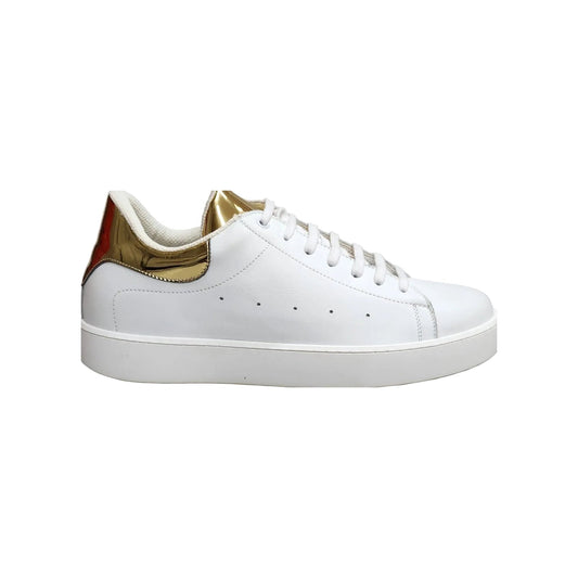 SNEAKER IN PELLE BIANCA INSERTO TALLONE ORO SPECCHIO SUOLA MICROFIBRA LATTICE BIANCO INTERNI TRASPIRANTI, vista laterale