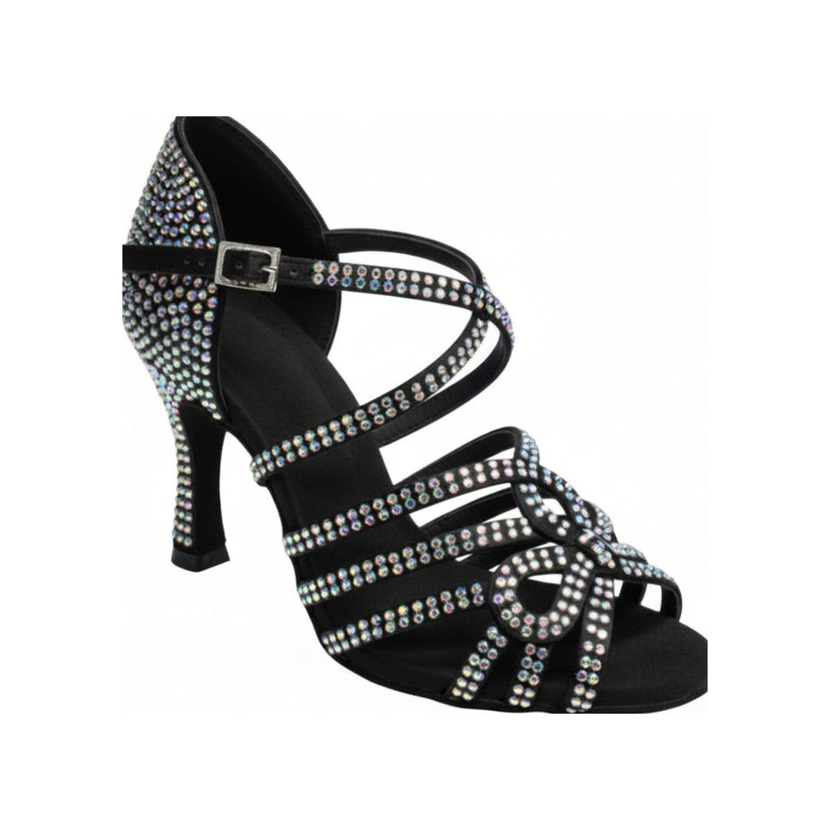 Scarpa da ballo da donna NORA Dreams Black in raso nero con cinturino incrociato, tacco a rocchetto e applicazioni di strass.