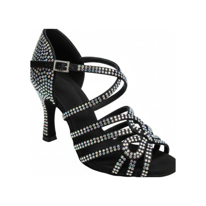 Scarpa da ballo da donna NORA Dreams Black in raso nero con cinturino incrociato, tacco a rocchetto e applicazioni di strass.
