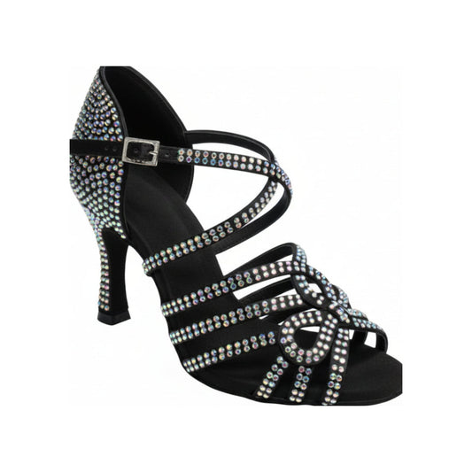 Scarpa da ballo da donna NORA Dreams Black in raso nero con cinturino incrociato, tacco a rocchetto e applicazioni di strass.