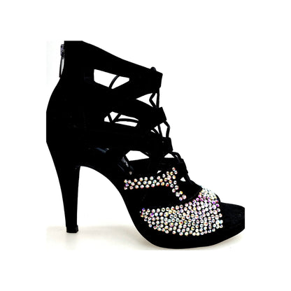 Sandalo a Tronchetto in Camoscio Nero e Swarovski Boreali parziali Olimpya One Wish Dance, vista laterale