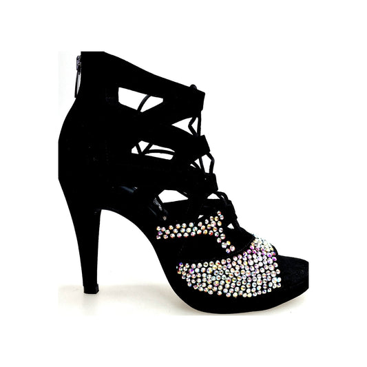 Sandalo a Tronchetto in Camoscio Nero e Swarovski Boreali parziali Olimpya One Wish Dance, vista laterale