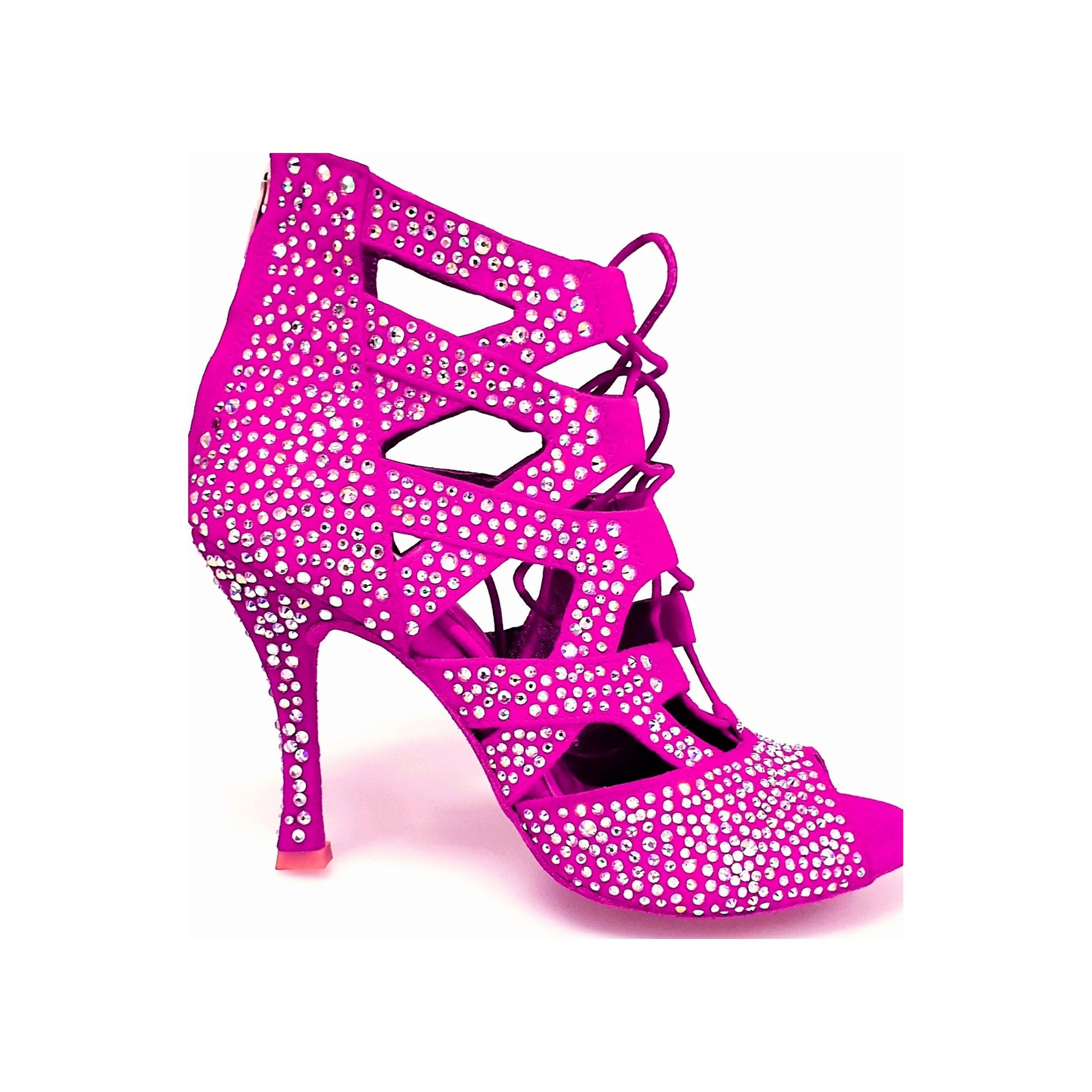 Sandalo a tronchetto Wish Dance Shop Olimpya Extra Plus in camoscio fuxia con Swarovski Boreali e tacco squadrato sottile