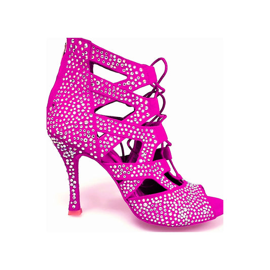 Sandalo a tronchetto Wish Dance Shop Olimpya Extra Plus in camoscio fuxia con Swarovski Boreali e tacco squadrato sottile