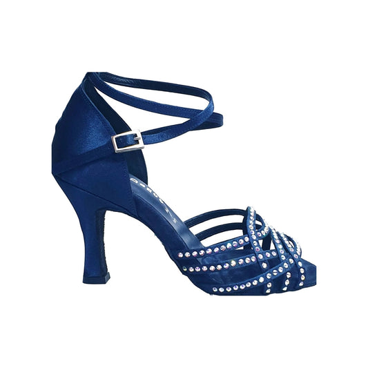 Scarpa da donna Onda QB Wish Dance Shop in raso seta blu notte, cinturino incrociato alla caviglia e tacco a rocchetto.