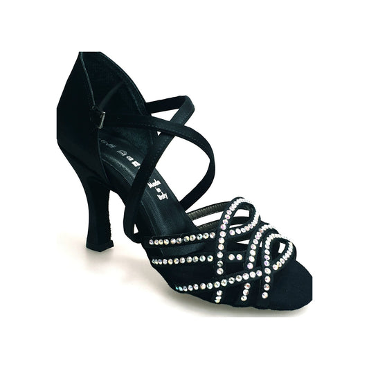 Onda QC (BI-Flex) MARYLU - Scarpa da Donna in Raso Seta Nero Cinturino Incrociato sul Collo Piede Swarovski, vista laterale
