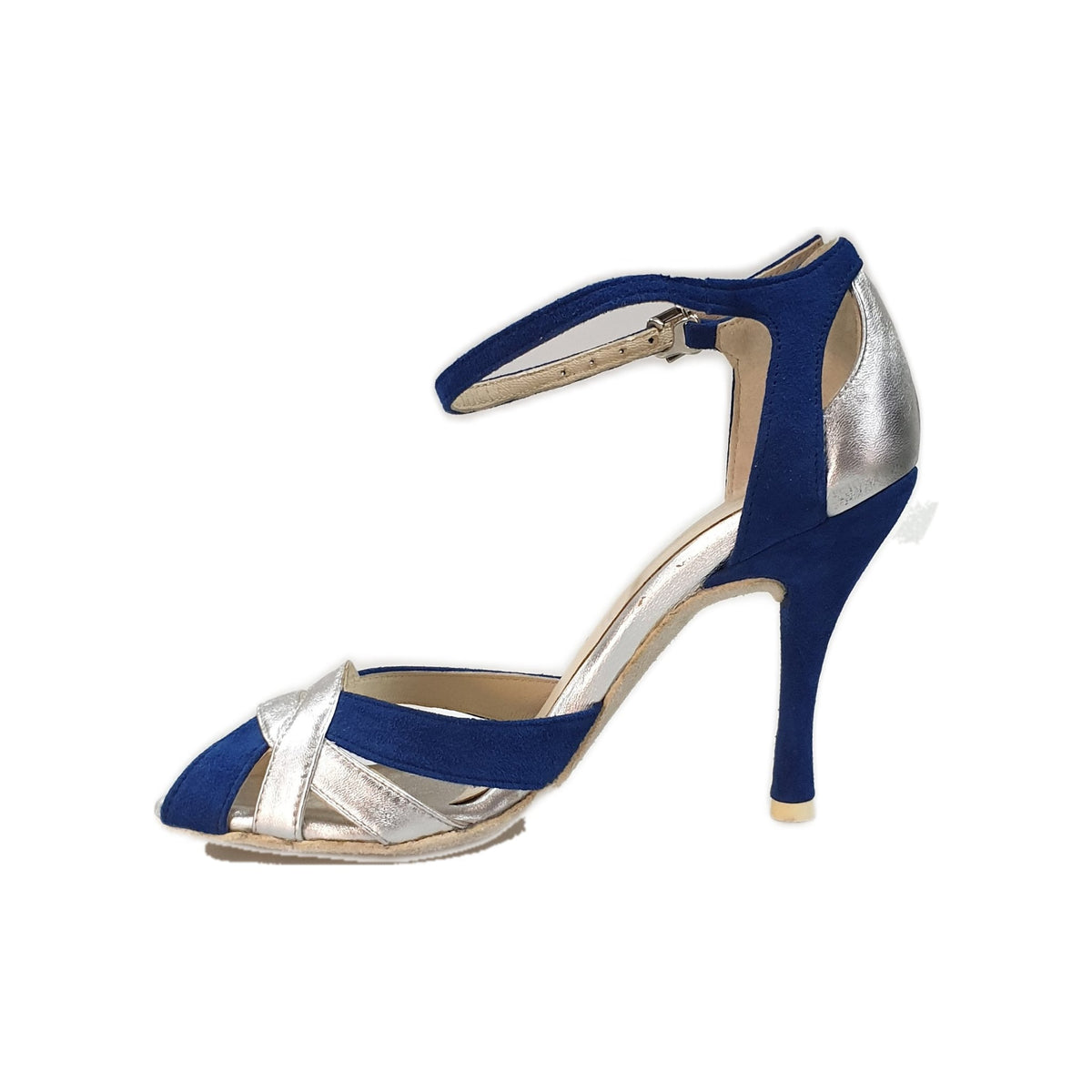 Scarpa da donna in camoscio blu royal e pelle argento, modello OndaVB, con design elegante e dettagli raffinati