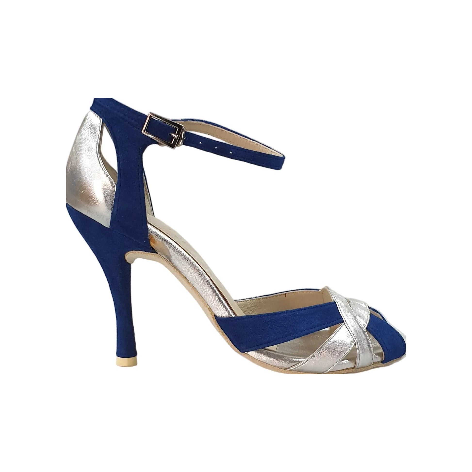 Scarpa da donna in camoscio blu royal e pelle argento, modella in stile elegante e raffinato, marca Outlet.