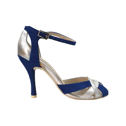 Scarpa da donna in camoscio blu royal e pelle argento, modella in stile elegante e raffinato, marca Outlet.