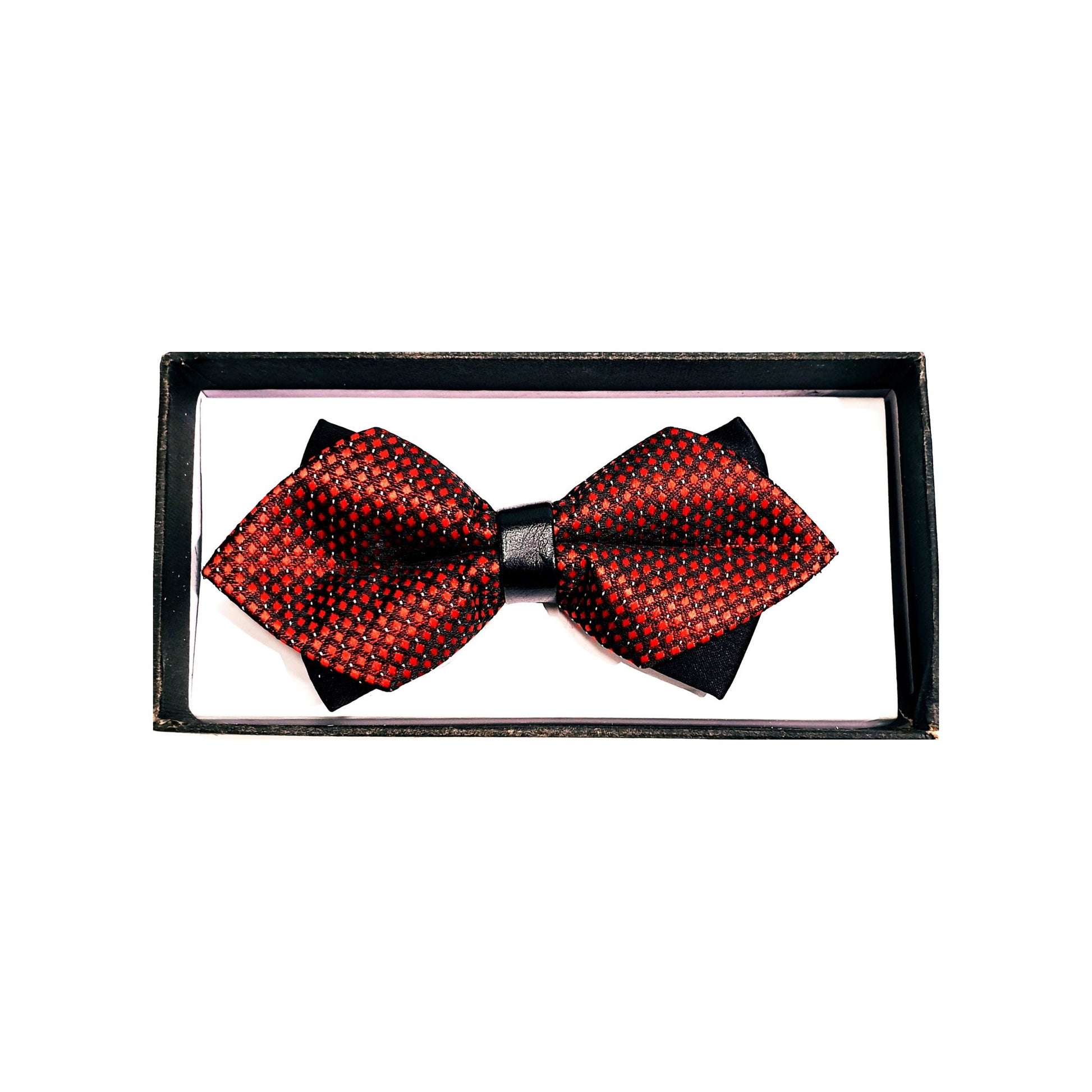 Papillon doppio fantasia rossa sovrapposta a base nera, elegante, Wish Dance Shop, accessorio di moda per occasioni formali