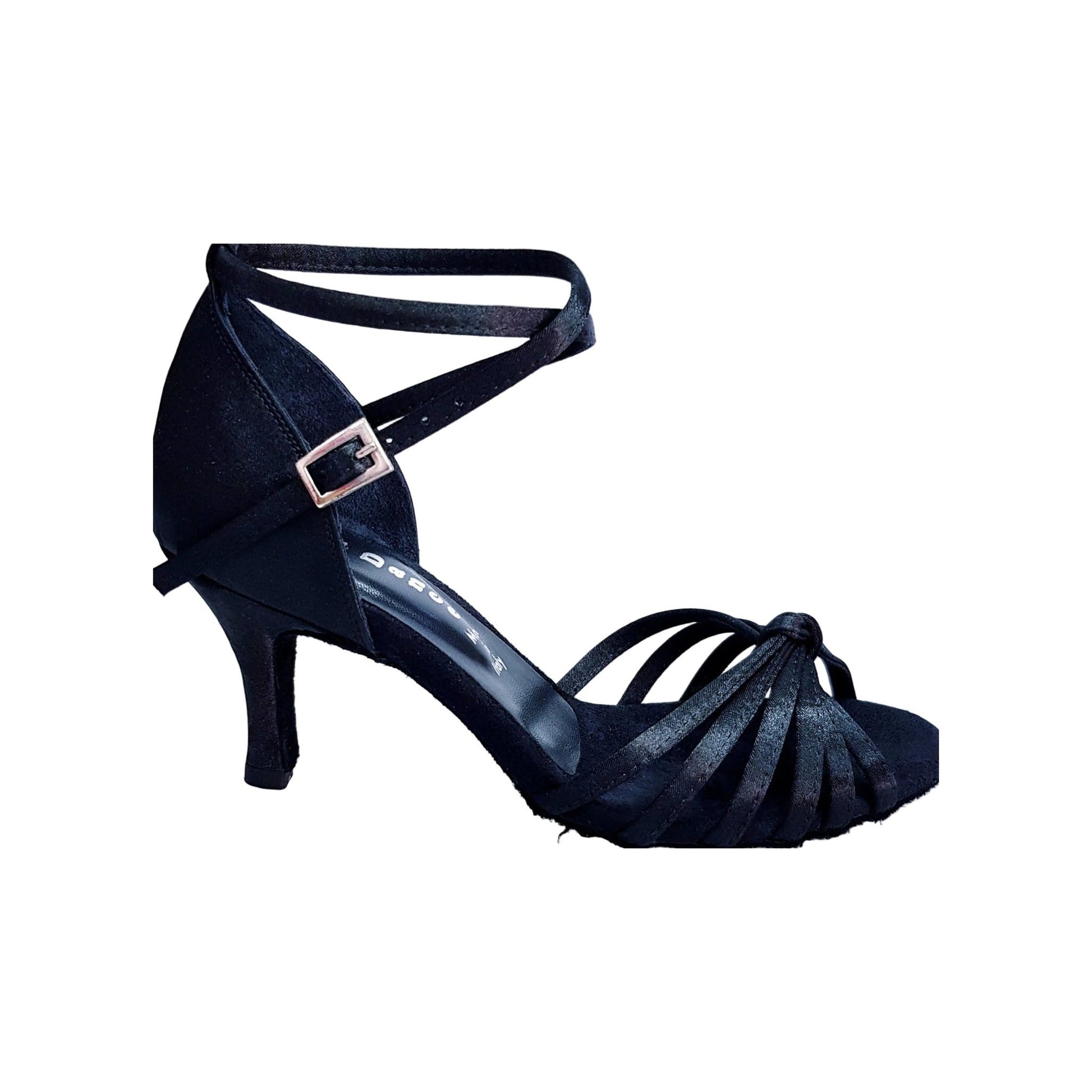 Scarpa da donna Patty QB in raso nero, con cinturino doppio, fascette e tacco basso a spillo, ideale per ballo.