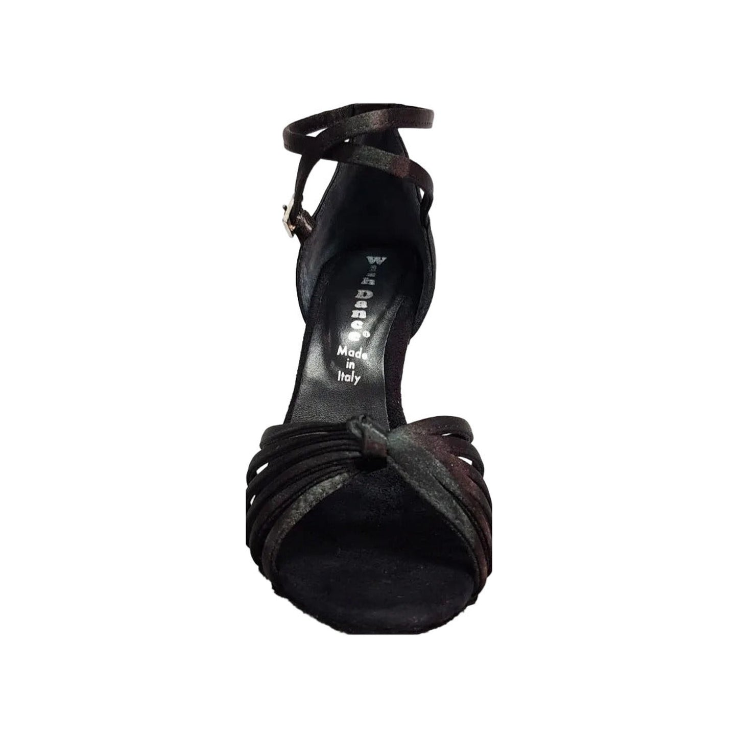 Scarpa da ballo donna Patty QB in raso seta nero con cinturino doppio, fascette e tacco rocchettino, morbida e elegante.