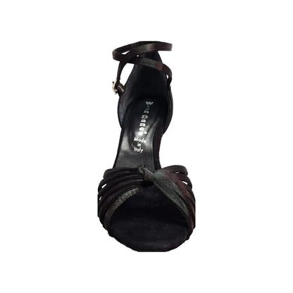 Scarpa da ballo donna Patty QB in raso seta nero con cinturino doppio, fascette e tacco rocchettino, morbida e elegante.