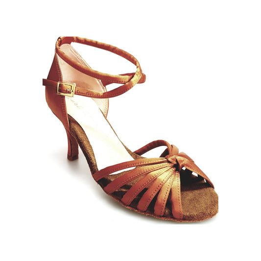 Scarpa da ballo donna Patty QB Wish Dance Shop in raso seta bronzo con cinturino doppio e tacco a spillo largo.
