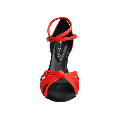 Scarpa da ballo Wishdance Patty QB in raso di seta rosso, con fascette, cinturino doppio e tacco rocchetto, per donna.