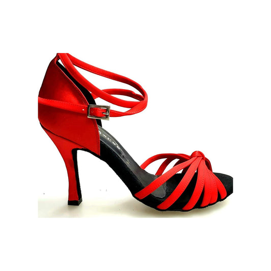 Scarpa da ballo Wishdance Patty QB in raso di seta rosso con fascette, cinturino doppio e tacco a rocchetto.
