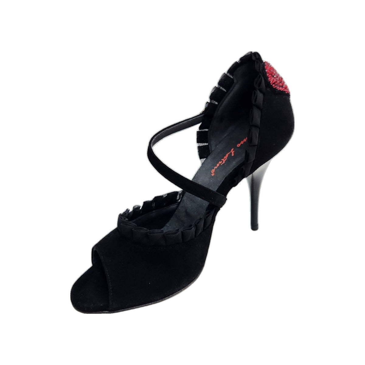 Sandalo da donna in camoscio nero Rouche di Tulle arricciato e Cuore di Swarovski Rosso LUNA Plus Black, dettaglio suola