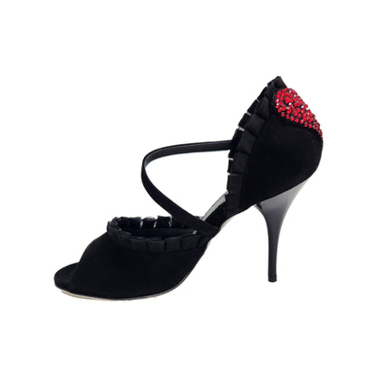 Sandalo da donna in camoscio nero Rouche di Tulle arricciato e Cuore di Swarovski Rosso LUNA Plus Black, dettaglio tacco