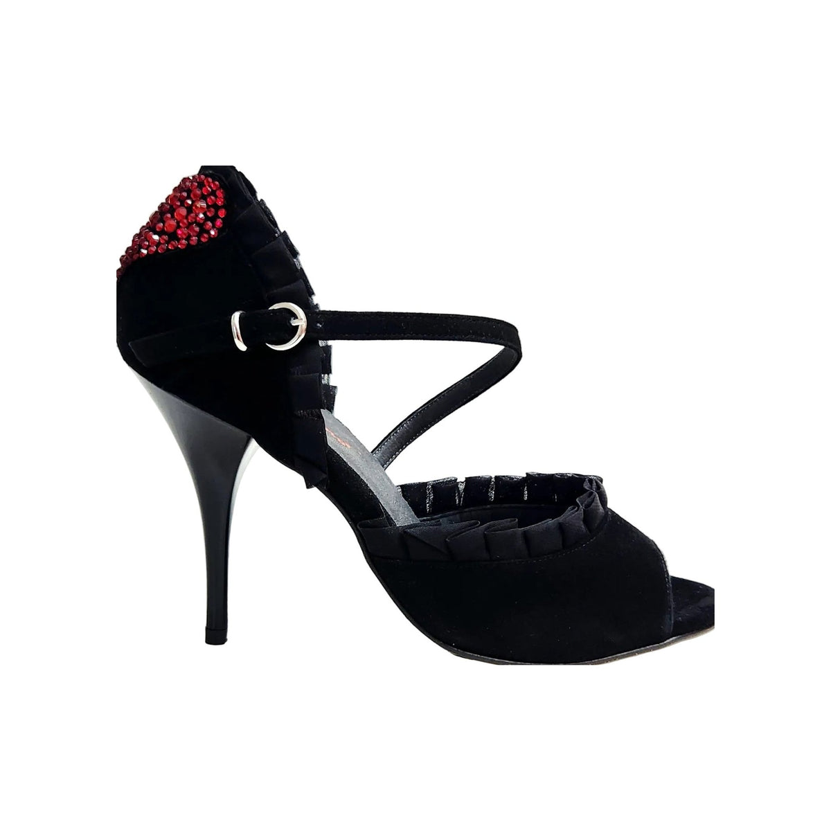 Sandalo da donna in camoscio nero Rouche di Tulle arricciato e Cuore di Swarovski Rosso LUNA Plus Black, vista laterale