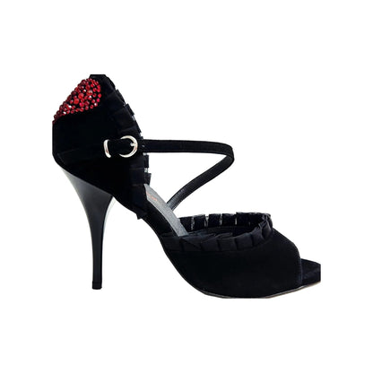 Sandalo da donna in camoscio nero Rouche di Tulle arricciato e Cuore di Swarovski Rosso LUNA Plus Black, vista laterale
