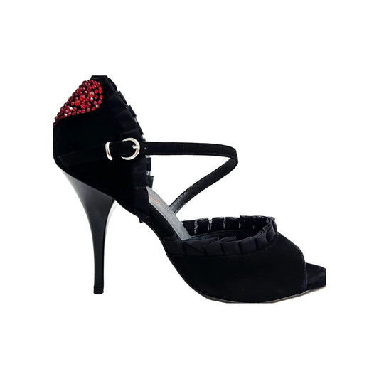 Sandalo da donna in camoscio nero Rouche di Tulle arricciato e Cuore di Swarovski Rosso LUNA Plus Black, vista laterale