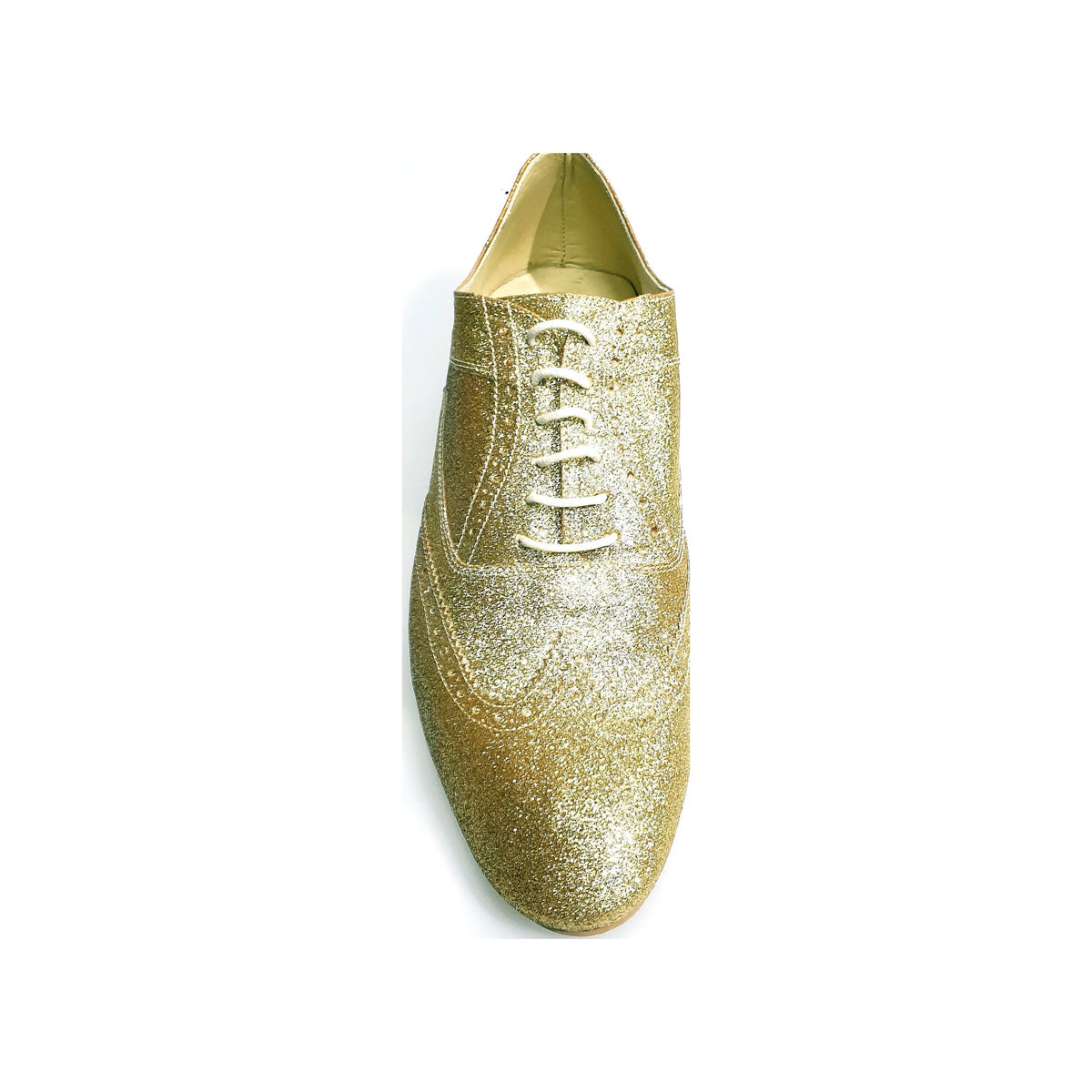 Scarpa da uomo Wish Dance Shop Richard MS14 Oxford Brogue glitter oro, forma lunga, con cuciture a coda di rondine.