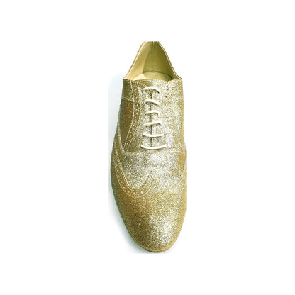 Scarpa da uomo Wish Dance Shop Richard MS14 Oxford Brogue glitter oro, forma lunga, con cuciture a coda di rondine.