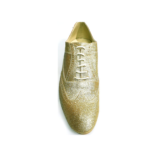Scarpa da uomo Wish Dance Shop Richard MS14 Oxford Brogue glitter oro, forma lunga, con cuciture a coda di rondine.