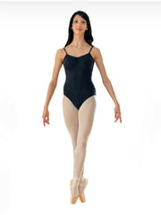 Carica immagine nella Galleria, MEDORA (RD/NA/B/S) - Body Danza Classica da donna in Cottonlycra Bielastica nera spalline singole Sottili con microfibra con Pettorina antisudore sul petto

