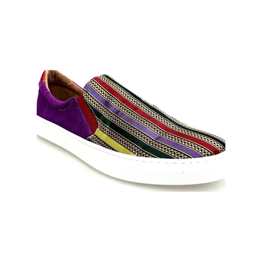 MOCASSINO SUPER FLEX IN CAMOSCIO VIOLA ABBINATO A TESSUTO TRASPIRANTE A RIGHE MULTICOLORE SUOLA CON CASSETTA, vista laterale