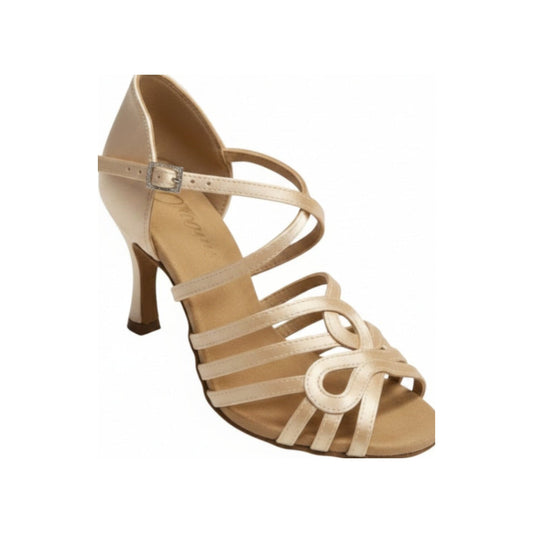 Scarpa da Ballo da Donna in Raso Oro Flash Champagne cinturino incrociato al Collopiede Tacco a Rocchetto, vista laterale