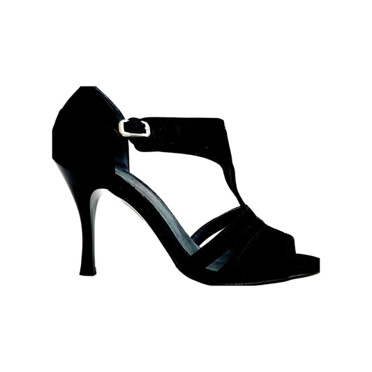 Sandalo da donna Wish Dance ROXINA in camoscio nero con tacco sottile a rocchetto smaltato nero.