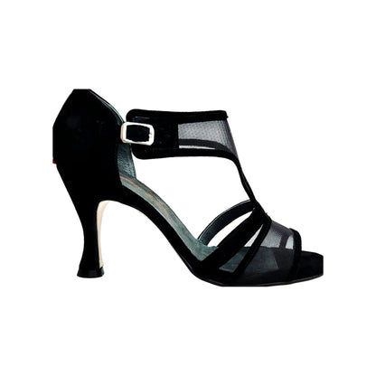 Sandalo donna ROXINA in camoscio nero con retina e tacco a rocchetto rotondo, marca Wish Dance.