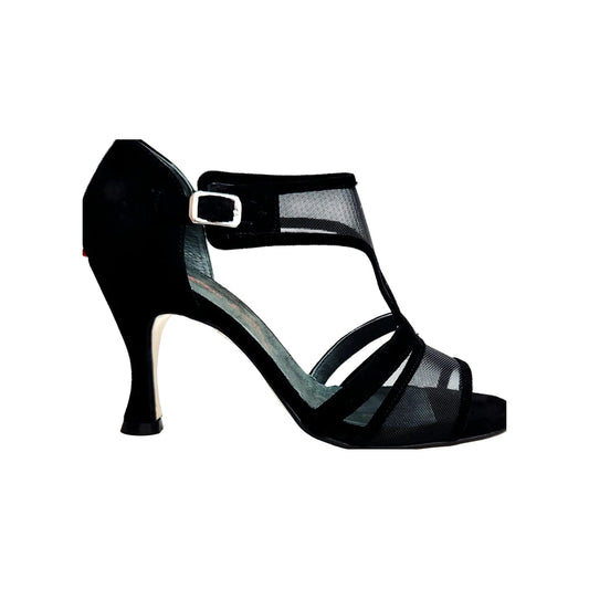 Sandalo donna ROXINA in camoscio nero con retina e tacco a rocchetto rotondo, marca Wish Dance.