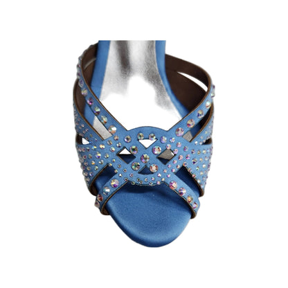 Scarpa da ballo SAMIRA L19 in raso seta azzurro cielo con Swarovski Boreali e tacco basso a rocchetto, Wish Dance Shop