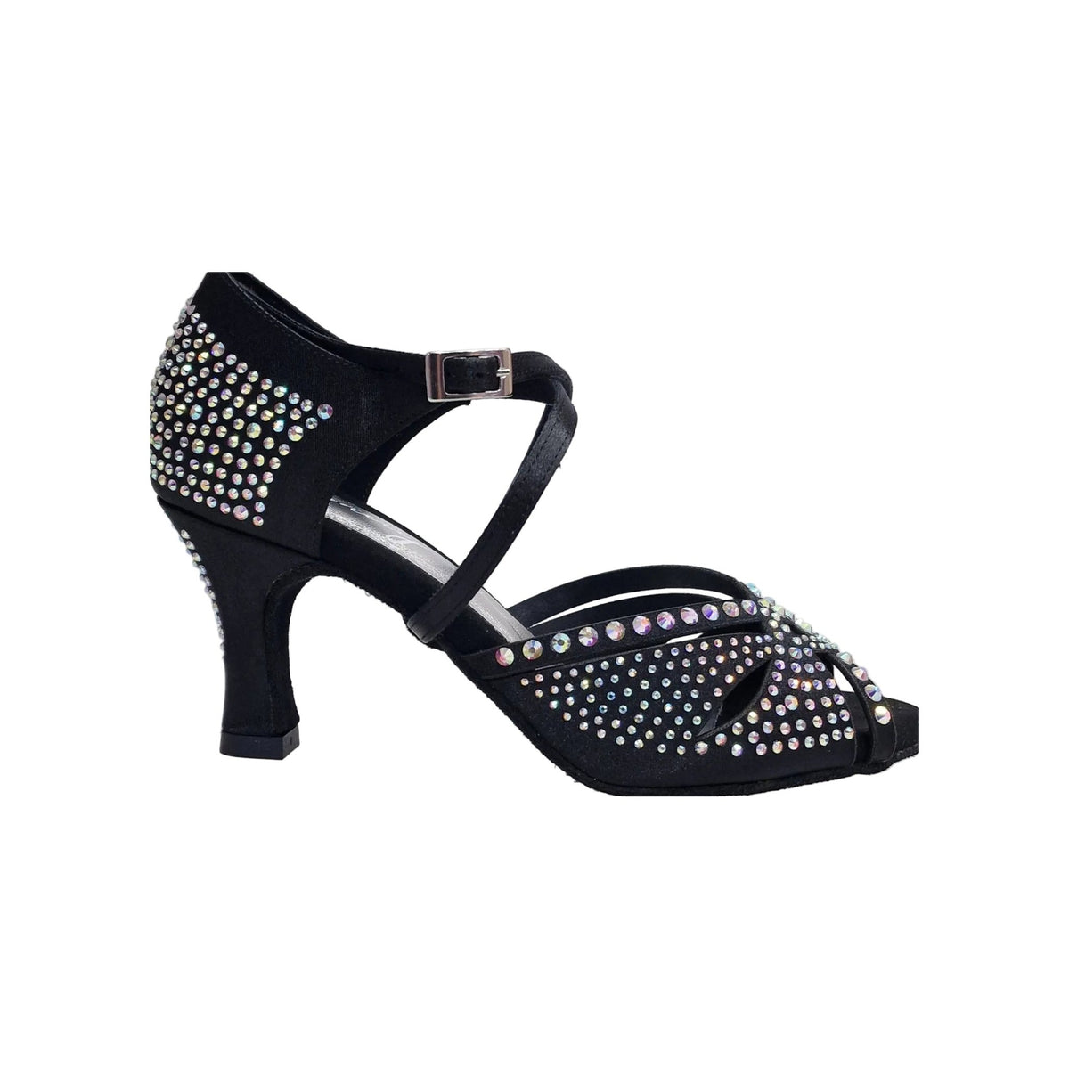 Scarpa da ballo in raso seta nero SAMIRA (L19) con Swarovski Boreali e tacco basso a rocchetto, stile elegante e raffinato