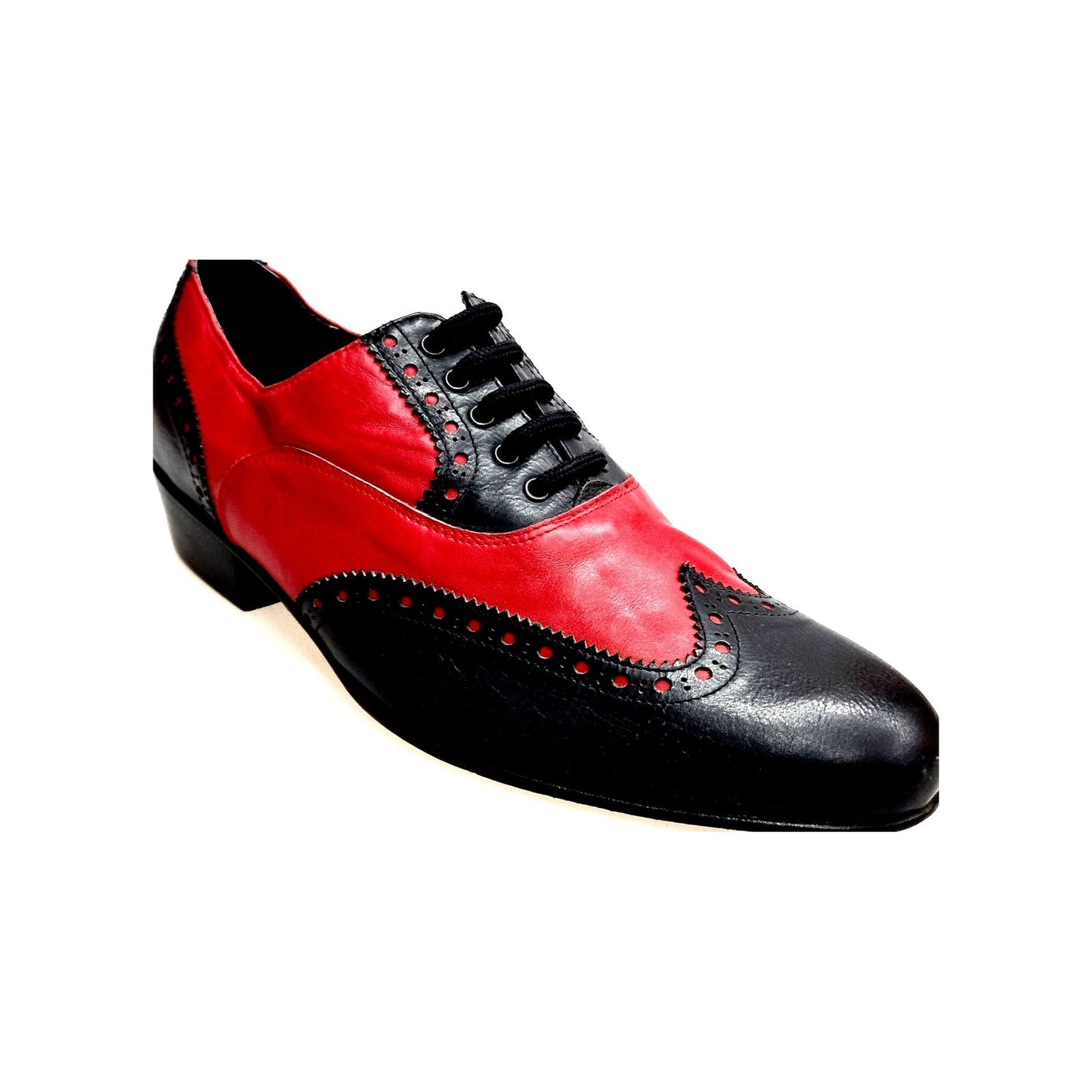 Scarpa da uomo Samuel Movida Wish Dance con tomaia in pelle nera e rossa, tacco in legno, forma lunga, stile elegante.