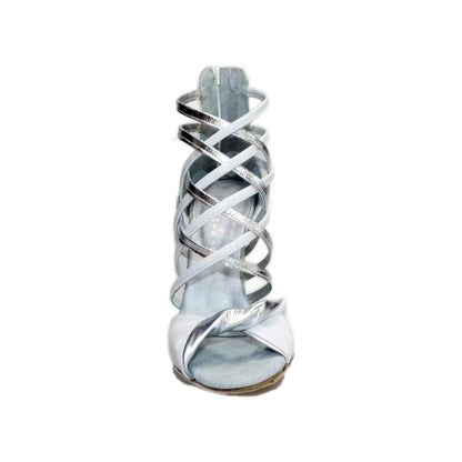 Sandalo alto da donna Wishdance Natalia (360) in pelle bianca e argento, con cinturino e tacco elegante.