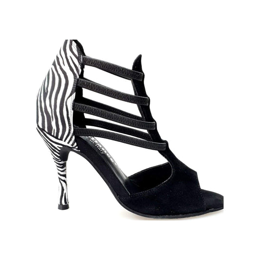 Sandalo da donna Night Zebra Wish Dance Shop in camoscio nero, tacco a spillo rivestito in raso seta zebrato e elastici neri.