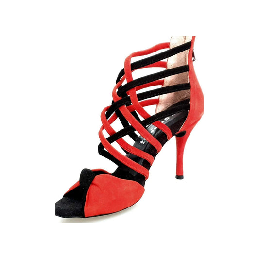 Sandalo da donna Natalia (360) Wishdance in camoscio rosso e nero, con design elegante e dettagli in camoscio.