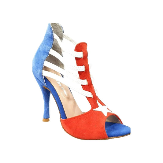 Sandalo donna Wish Dance Lilith in camoscio rosso e blu con dettagli stile bandiera di Cuba, con cinturino e suola piatta.