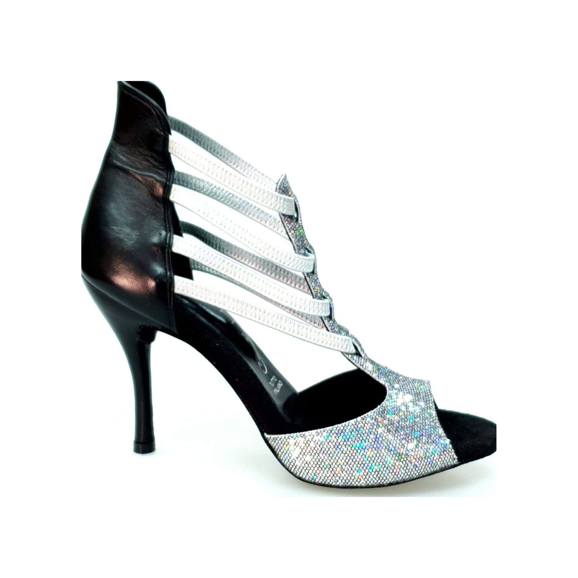 Sandalo Wishdance Lilith da donna in pelle nera e tessuto prisma boreale argento con elastici, scarpa elegante e colorata